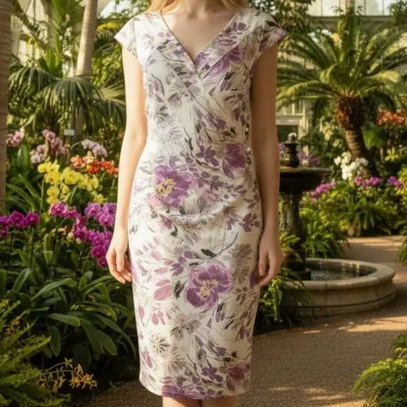 Maggy London Floral Dress Sheen Purple White Ruched Waist Sz 6 - Picture 9 of 9